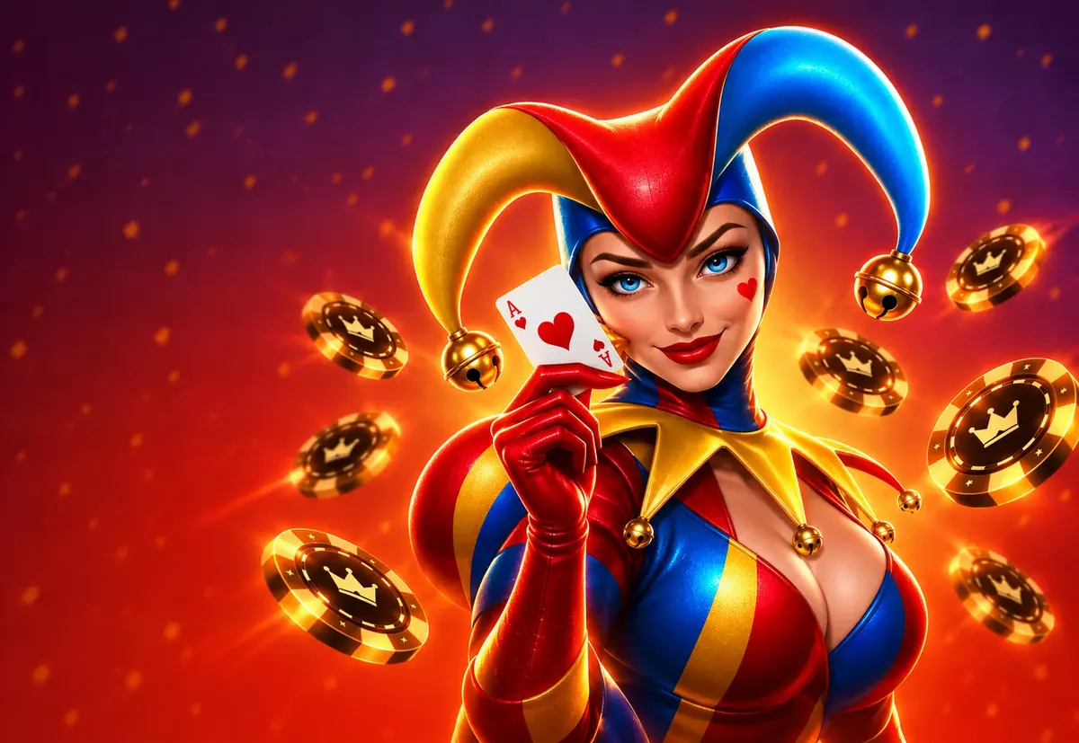 Joker-Dame mit Casino-Chips, Artwork von Yep Casino